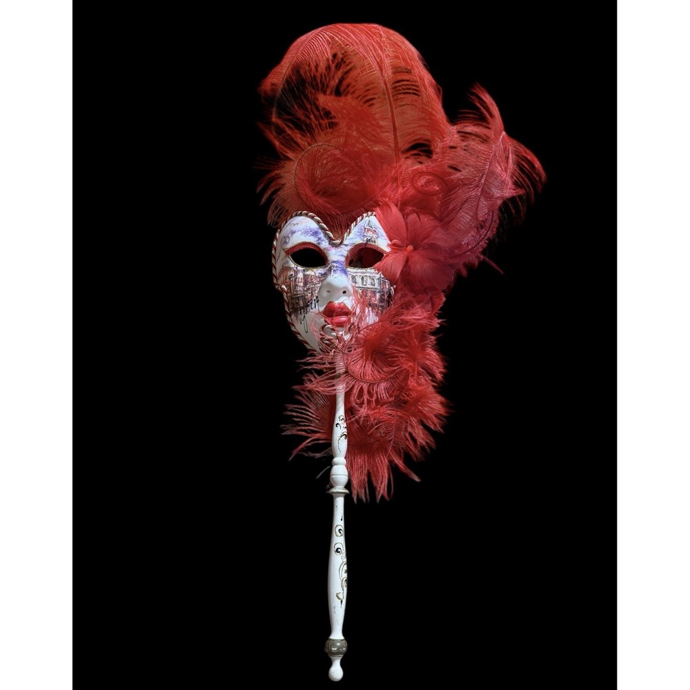 Vtg Venetian Masquerade Mask Hand Painted Italy Red Feather Plume Stick Handle